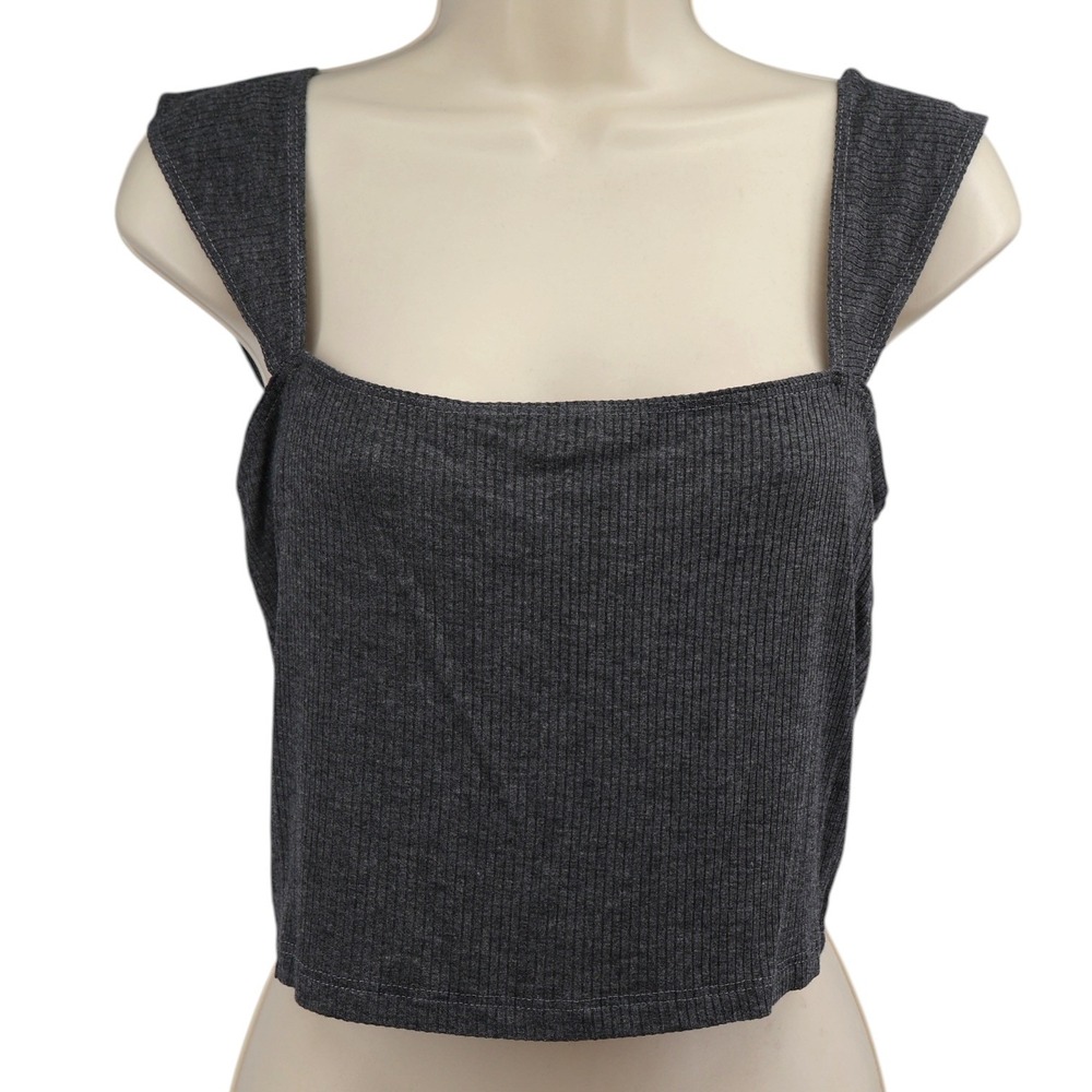 Free People Intimately Charcoal Grey Ribbed Square Neck Crop Tank Top Sz L EUC